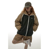 Unisex Jacket Retro Patchwork Contrast Color Loose Stand Collar Coat